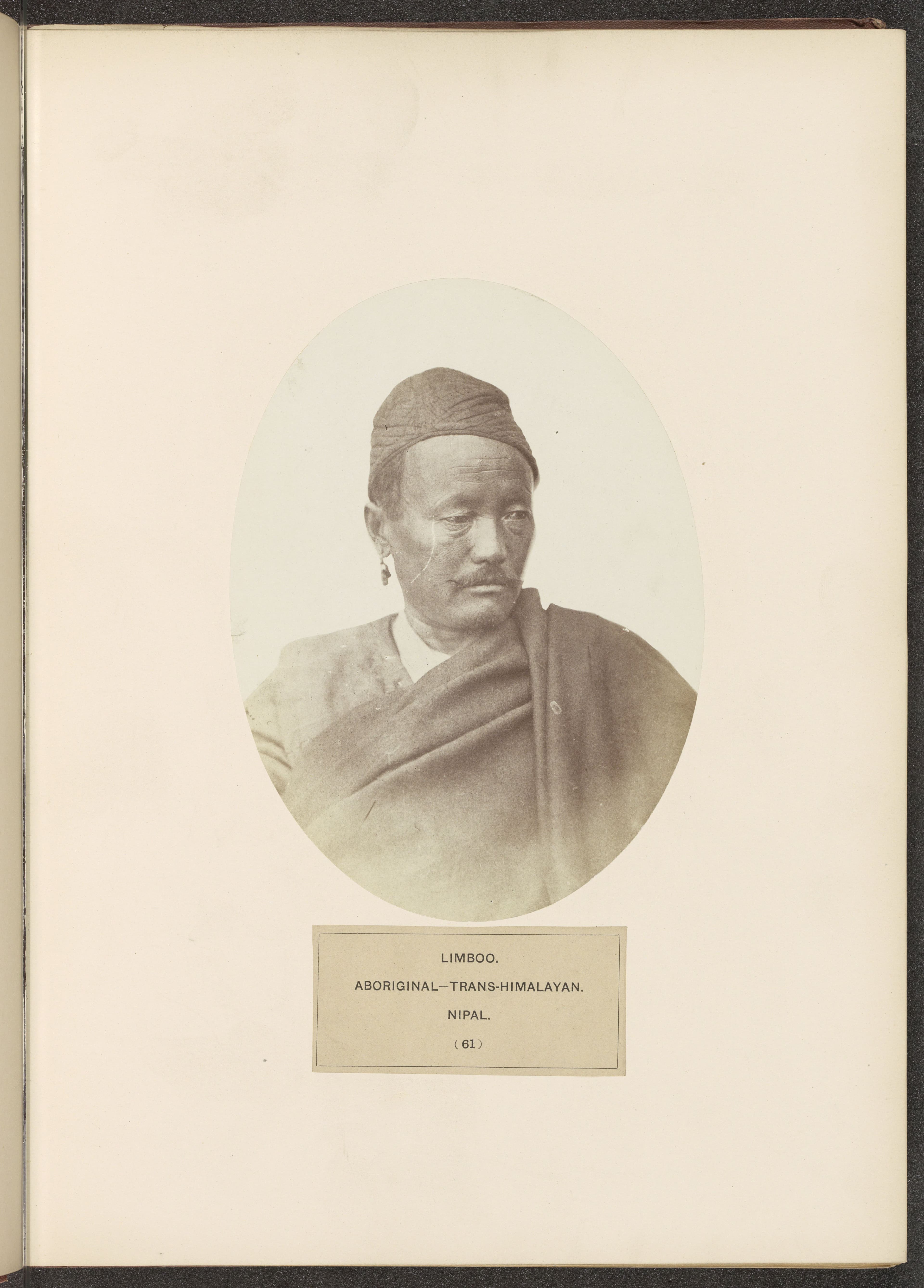 A high-resolution scan of an albumen portrait page showing a Limbu man in Nepal, made around 1858–1868.